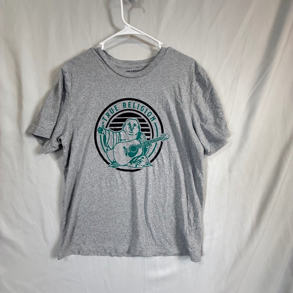 True Religion Buddha Guitar Graphic T Shirt Mens Large Gray Short Sleeve Crew‎